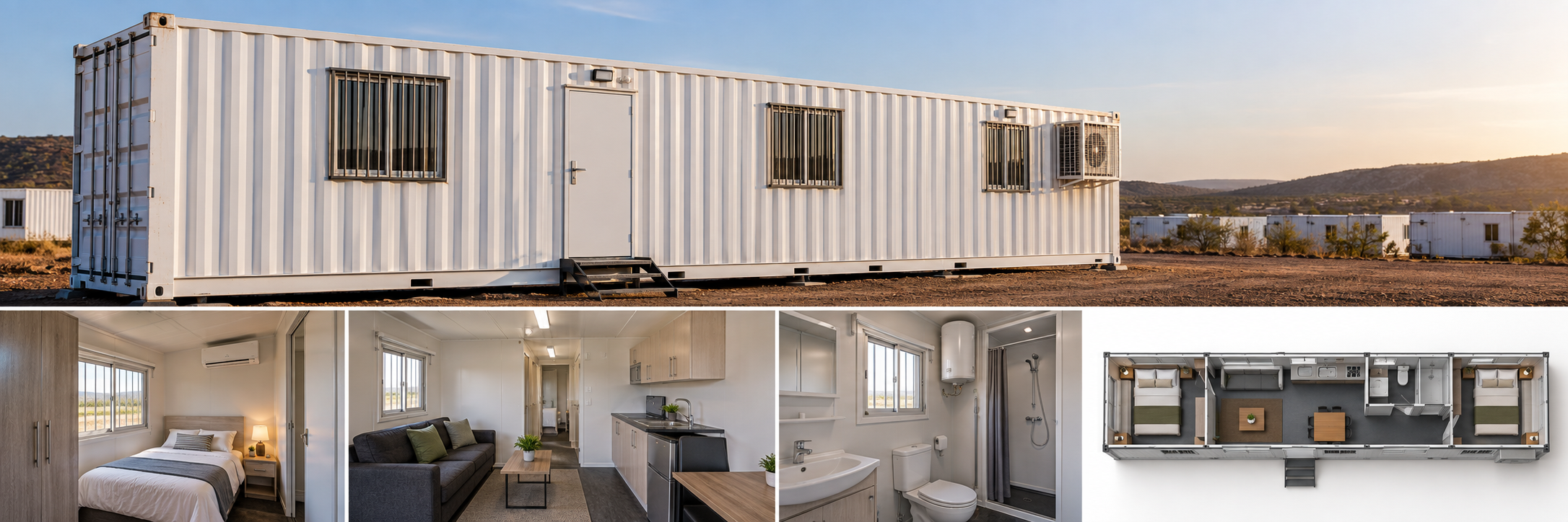Illustrative view of a 2-bedroom container accommodation unit with interior layout