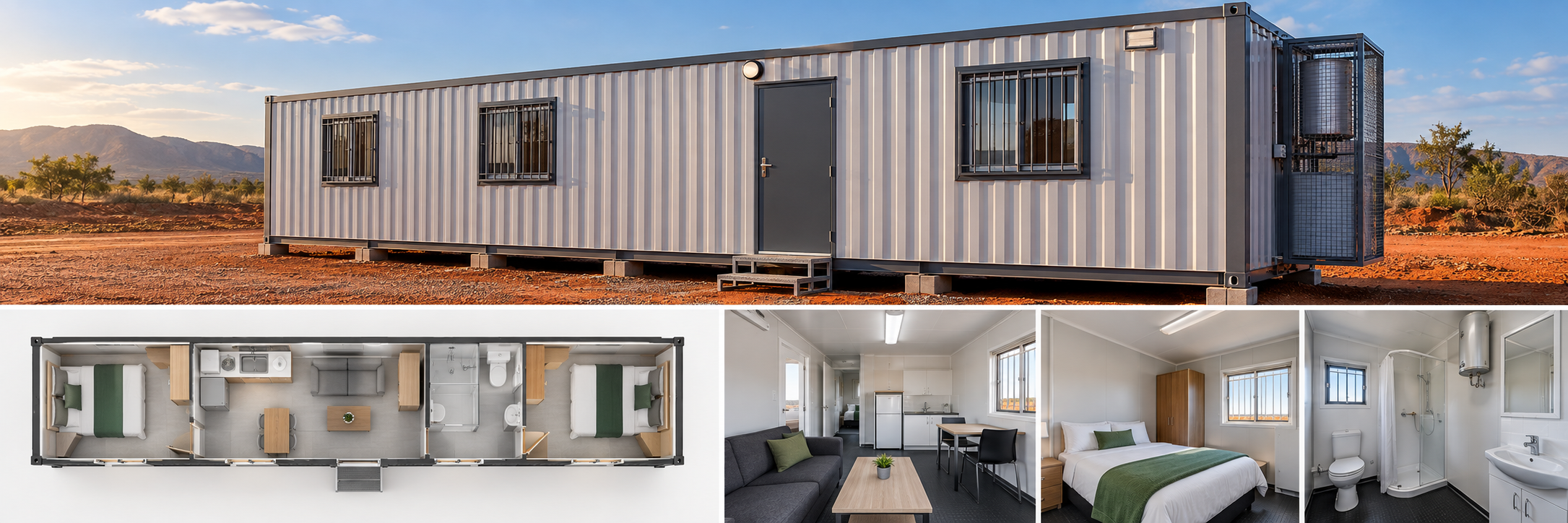 Illustrative internal and external views of a two-bedroom container accommodation unit